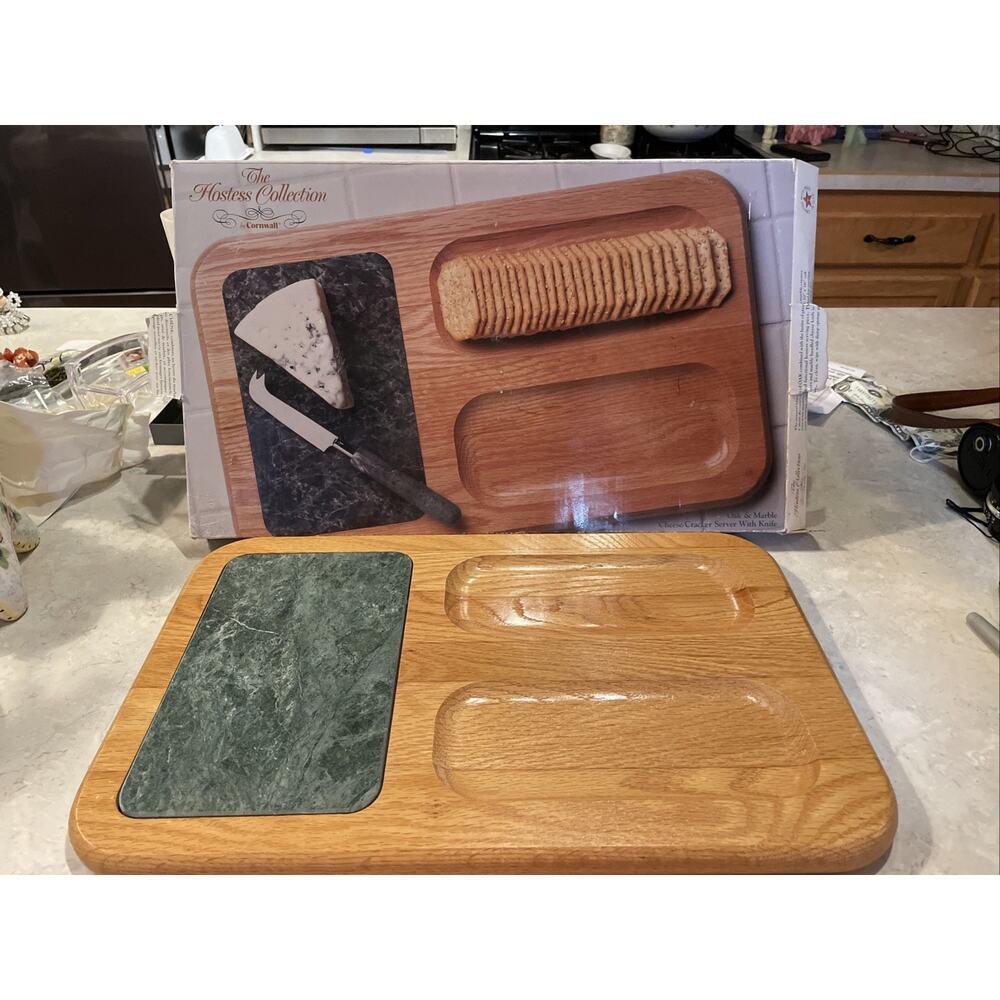 Vintage Cornwall Hostess Collection Serving Cheese Board Tray Wood Green Marble